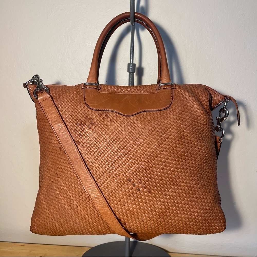Rebecca Minkoff Bonnie Box Woven Leather Satchel Almond Brown Shoulder Crossbody